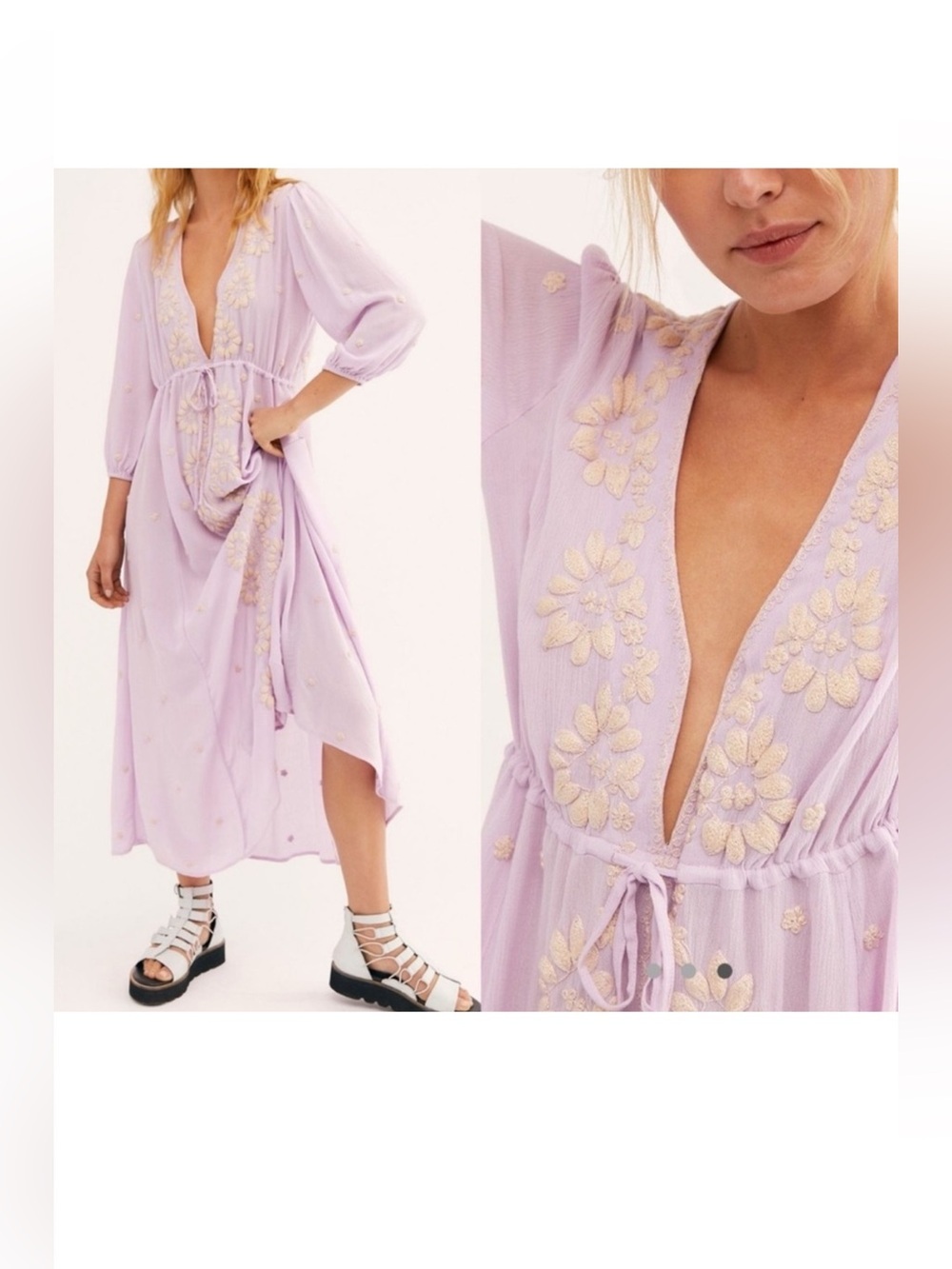 FREE PEOPLE Fable Lilac Blossom Embroidered Boho Gypsy Peasant Maxi Dress Large